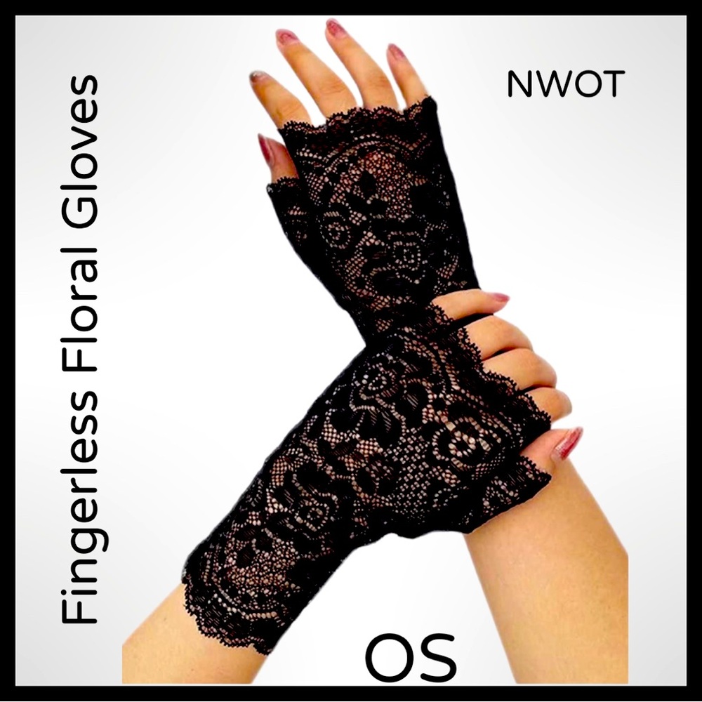 NWOT Black Fingerless Floral Lace Gloves